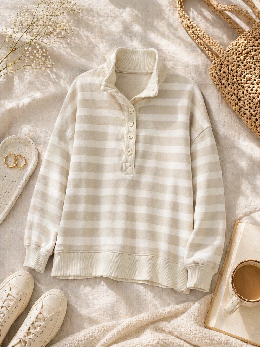 American Eagle Women's Lived-In Striped Pullover Sweatshirt Cream Cozy Size L